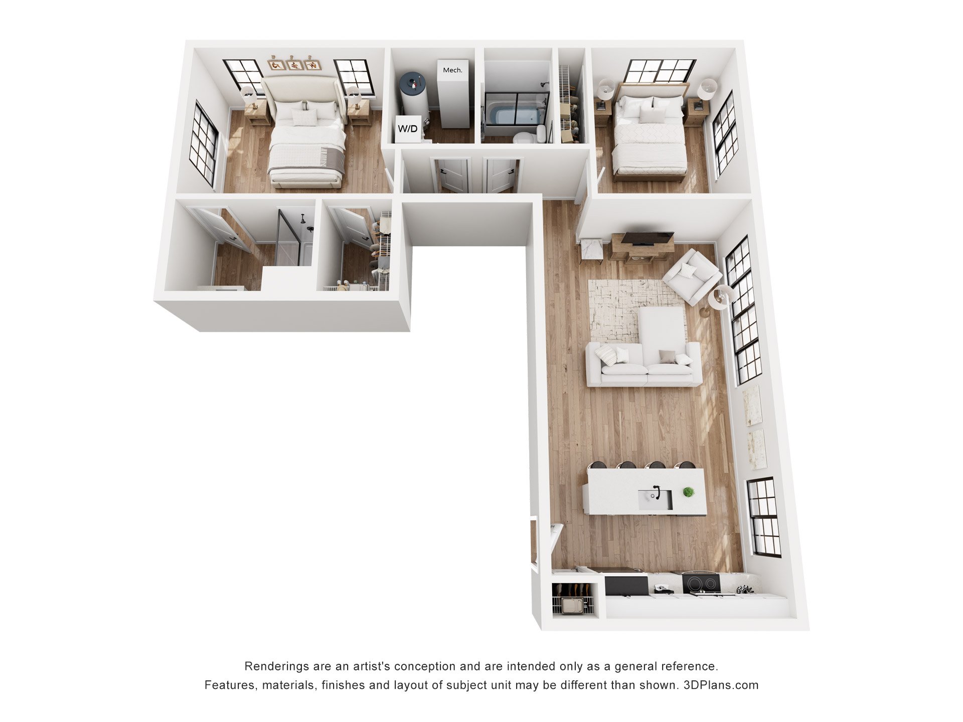 Floor plan for 2 beds, 2 baths, 990 sqft